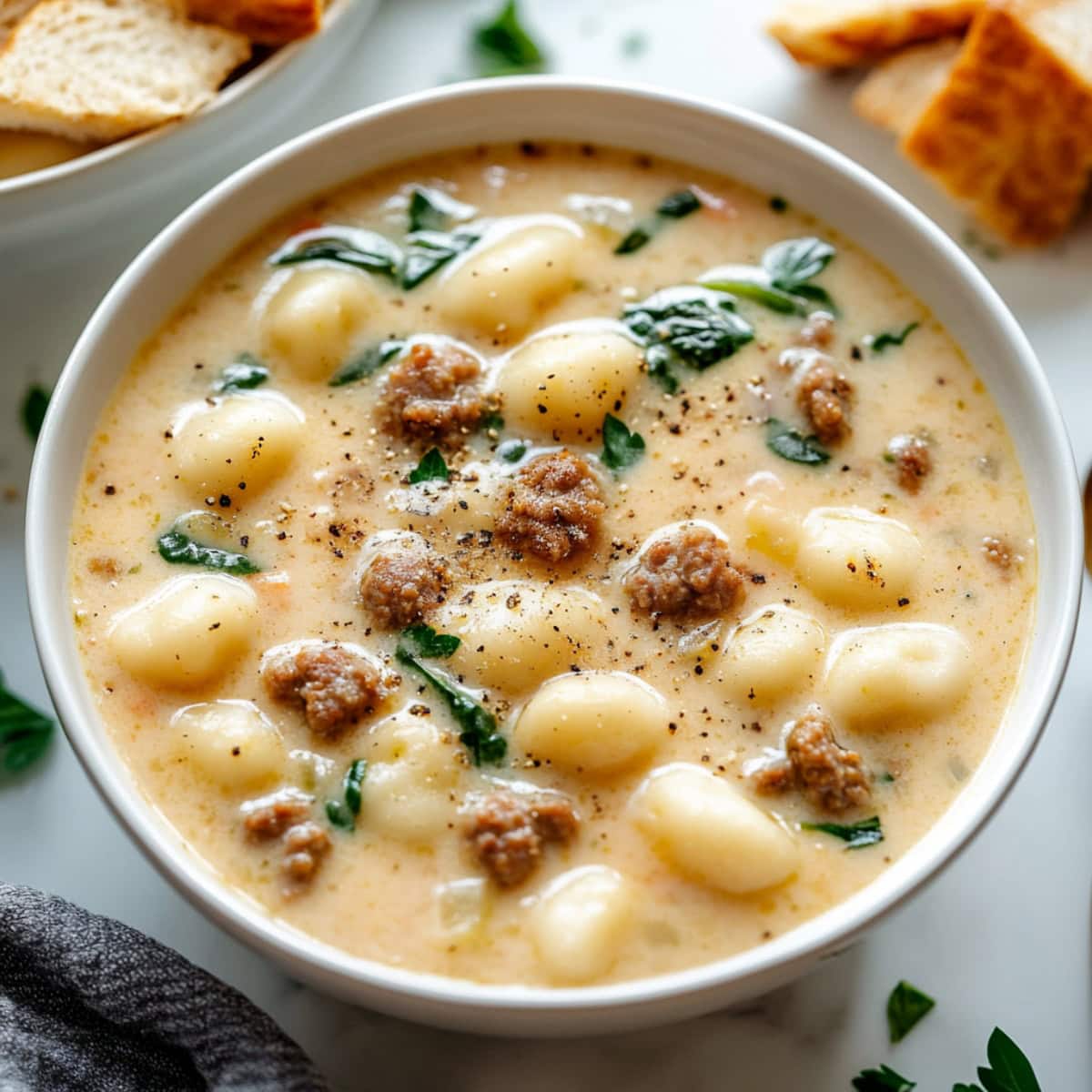 Hearty gnocchi soup with ground sausage and spinach in a bowl.