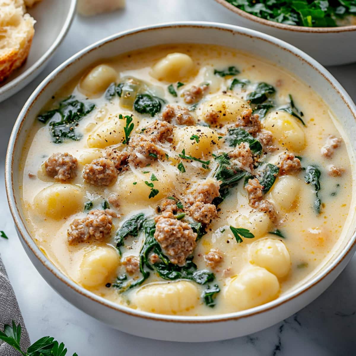 Homemade sausage and gnocchi soup with spinach and grated parmesan.