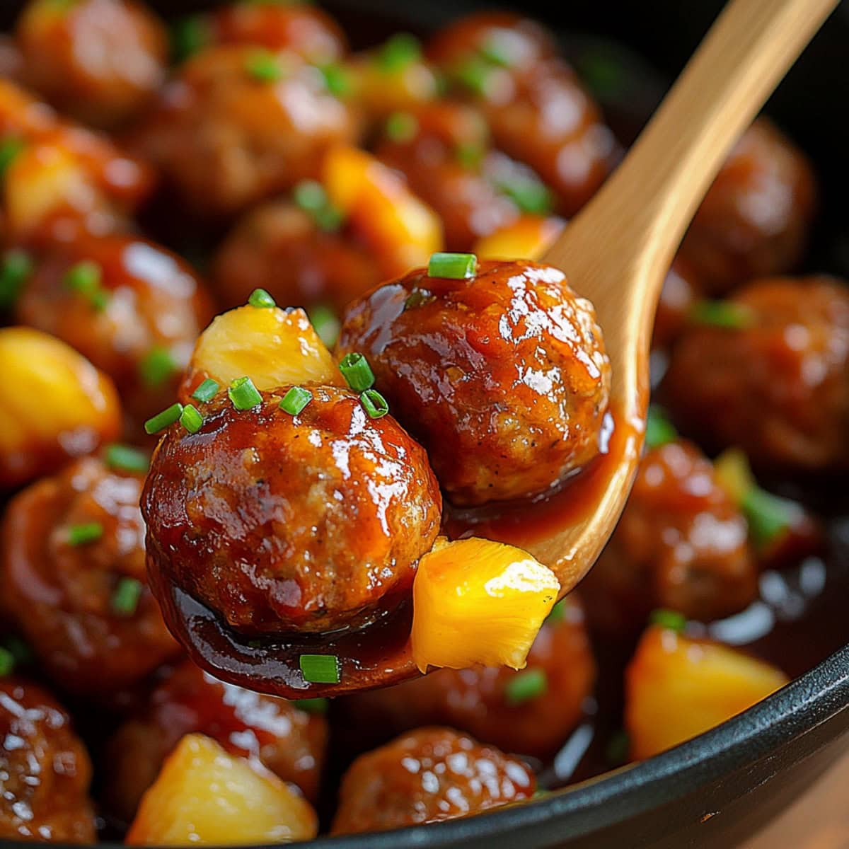 A close-up of a wooden spoon with Hawaiian-style meatballs with pineapple chunks and chopped chives.