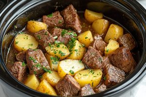 Slow cooker crockpot steak and potatoes, garnished with herbs.