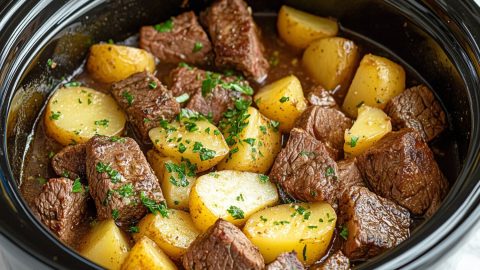 Slow cooker crockpot steak and potatoes, garnished with herbs.