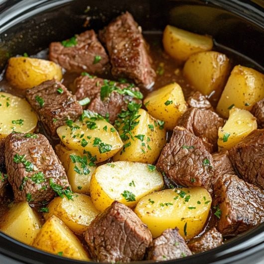 Slow cooker crockpot steak and potatoes, garnished with herbs.