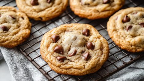 Thick and big copycat Crumbl chocolate chip cookies in a cooling rack.