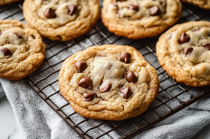 Thick and big copycat Crumbl chocolate chip cookies in a cooling rack.
