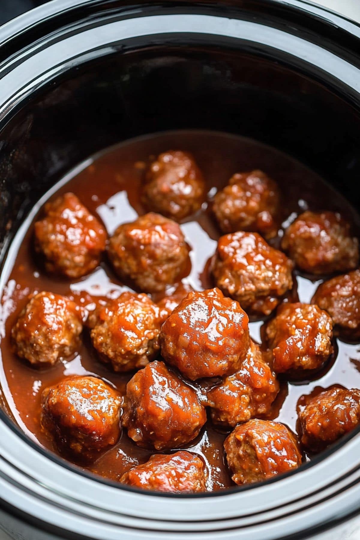 Meatballs cooked in savory barbeque sauce in a crockpot.