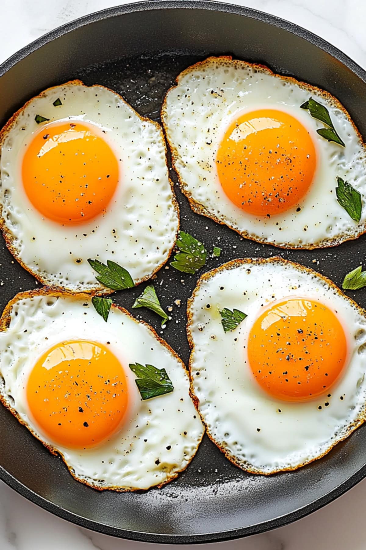 A skillet with four cooked sunny eggs, overhead view.