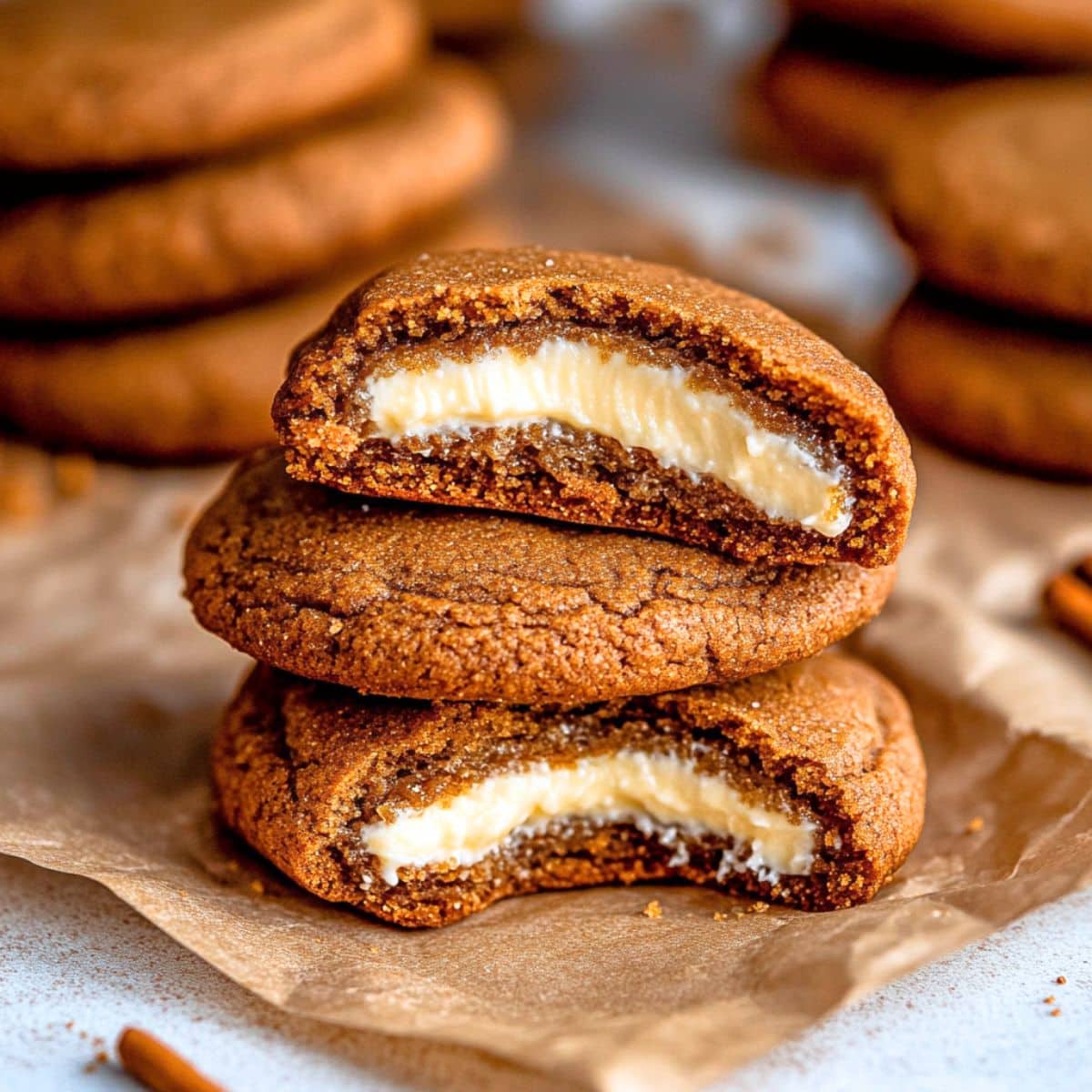 Cheesecake filled gingerbread cookies sitting on brown parchment paper. - 5