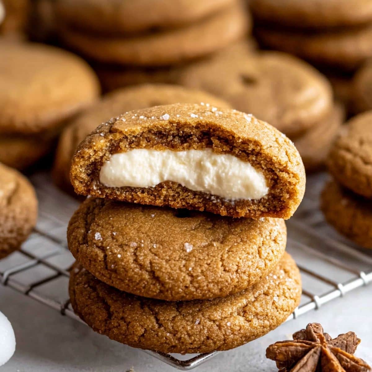 Gingerbread cookies with cheesecake filling sitting on top of wire cooling rack. - 3
