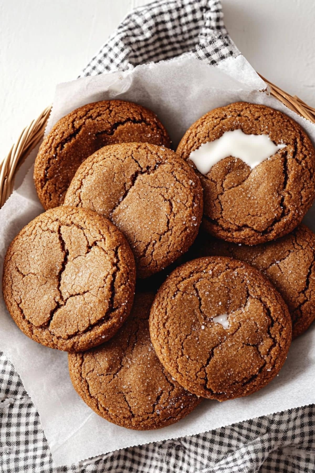 Cheesecake filled gingerbread cookies in a basket, top view - 4