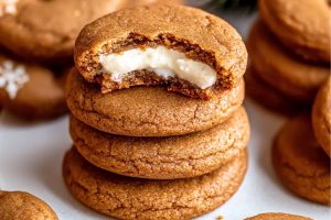 Gingerbread cookies filled with cheesecake stacked on top of each sitting on a white surface.