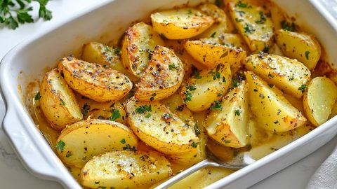 A hearty serving of Greek lemon potatoes with crispy edges on a baking dish.