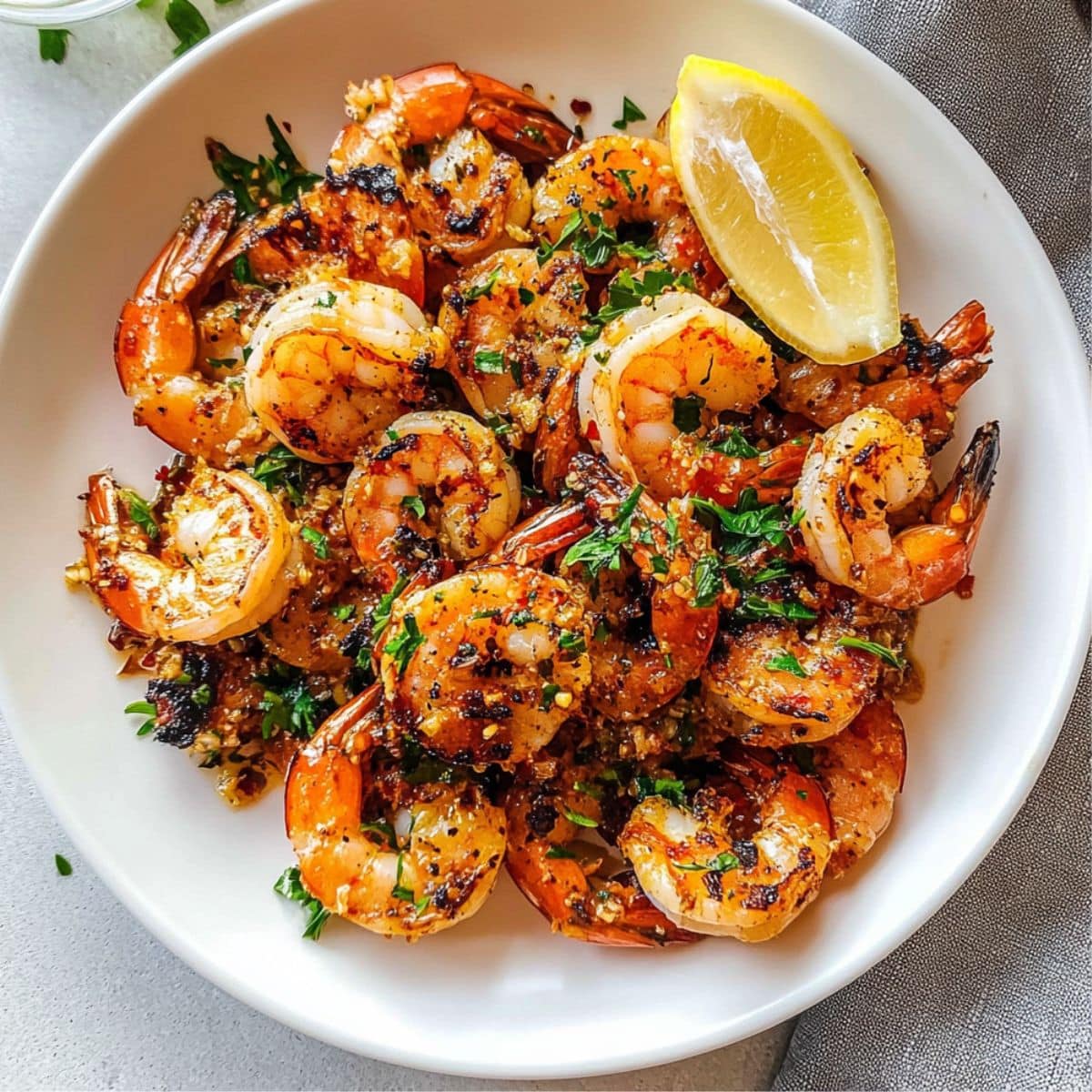 Bowl of grilled shrimp with garlic, parsley, and a lemon wedge