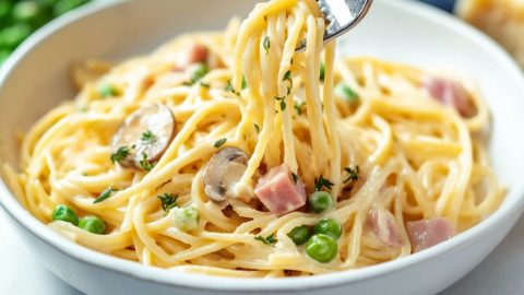 Serving of creamy ham tetrazzini in a white plate fork lifting pasta.