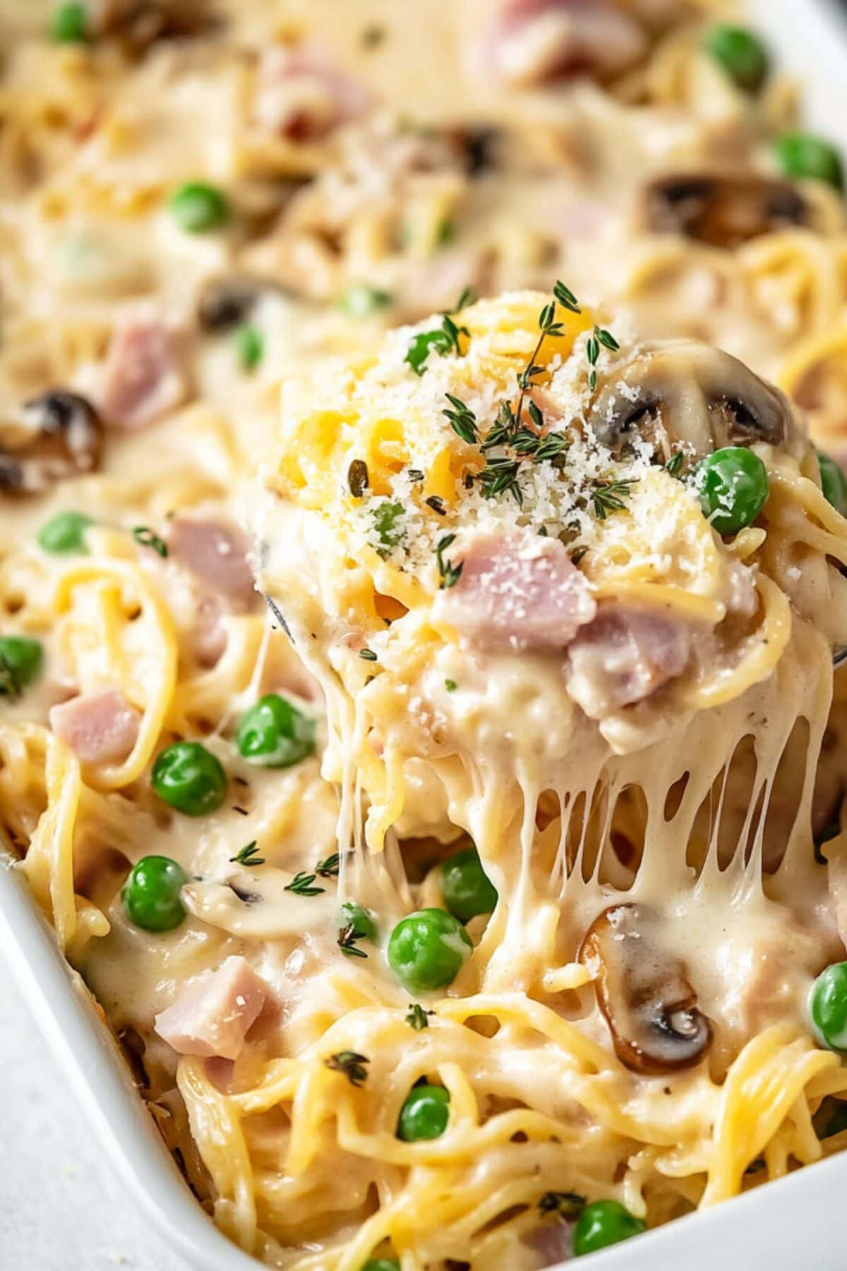 Baked Spaghetti, ham, mushrooms, and peas with creamy and cheesy sauce in a baking dish.