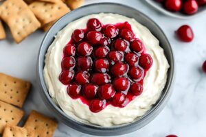 A delicious cherry cheesecake dip, blending cream cheese and whipped topping, served in a bowl.