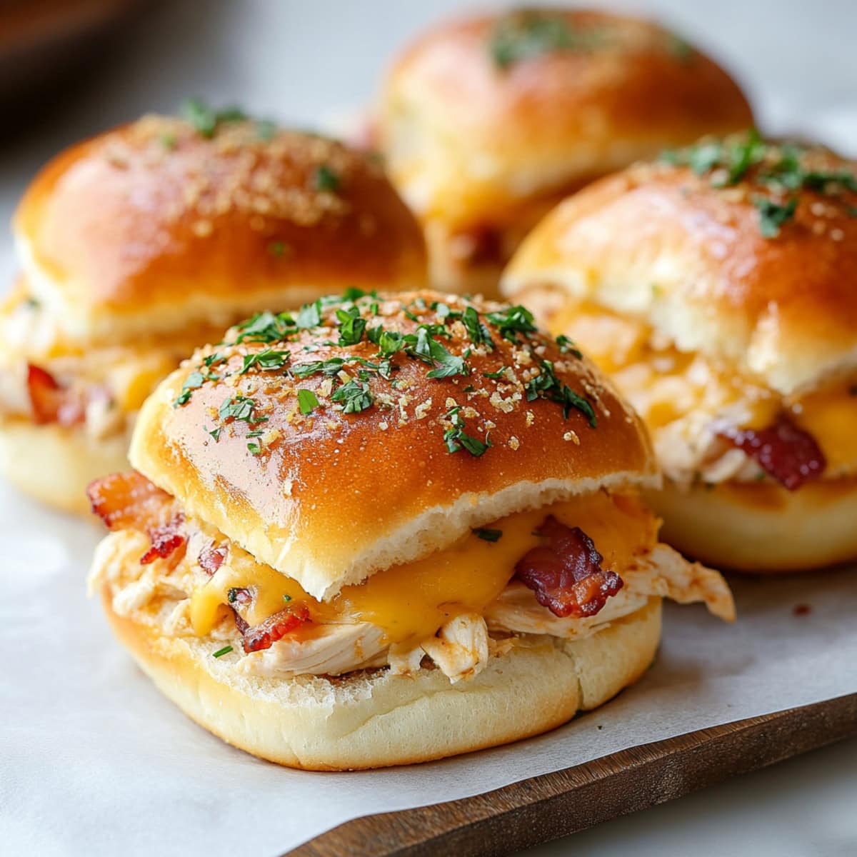 Homemade chicken bacon ranch sliders with melty cheese in a wooden board with parchment paper.