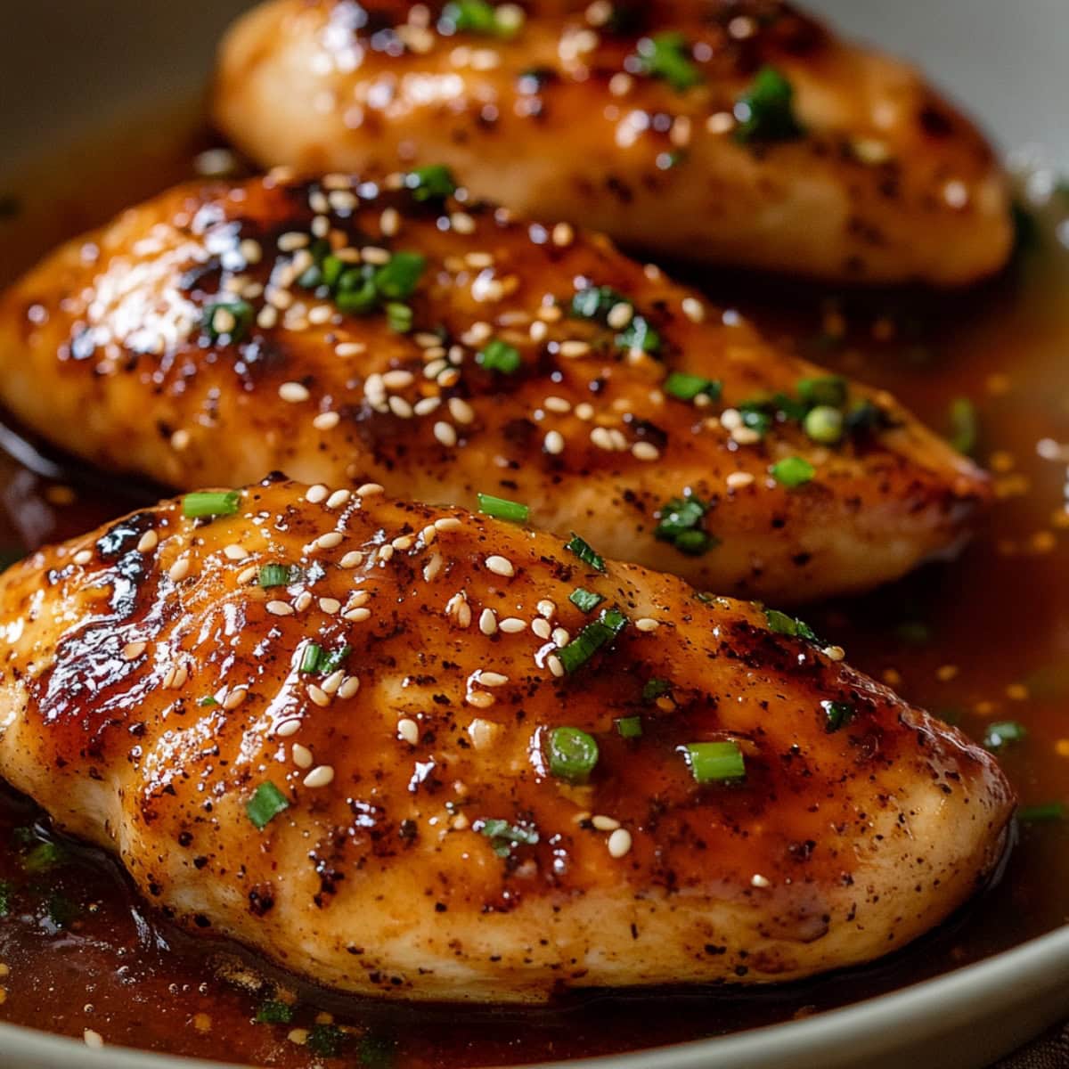 A plate of tender honey garlic chicken with a glossy golden glaze, with sesame seeds and green onions.