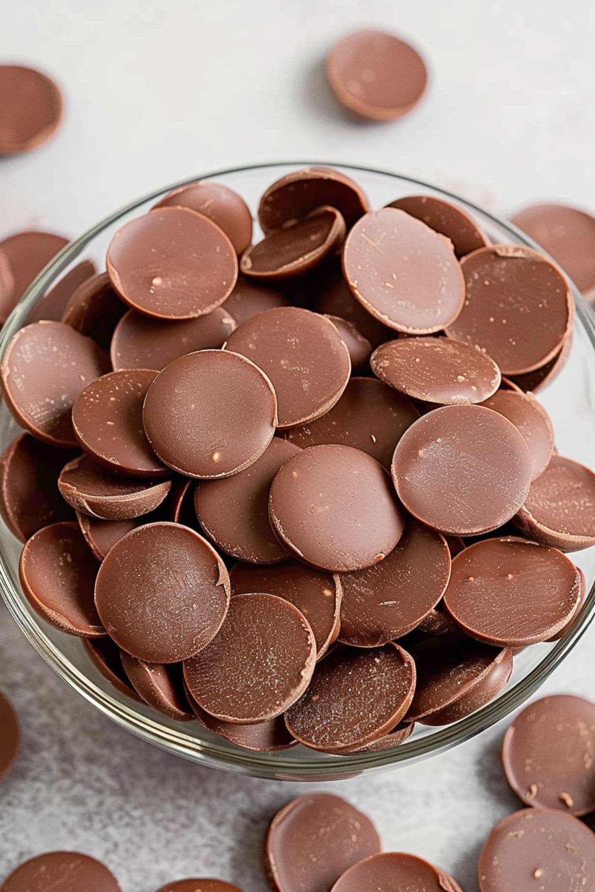 Bunch of chocolate melting wafers in a glass bowl.