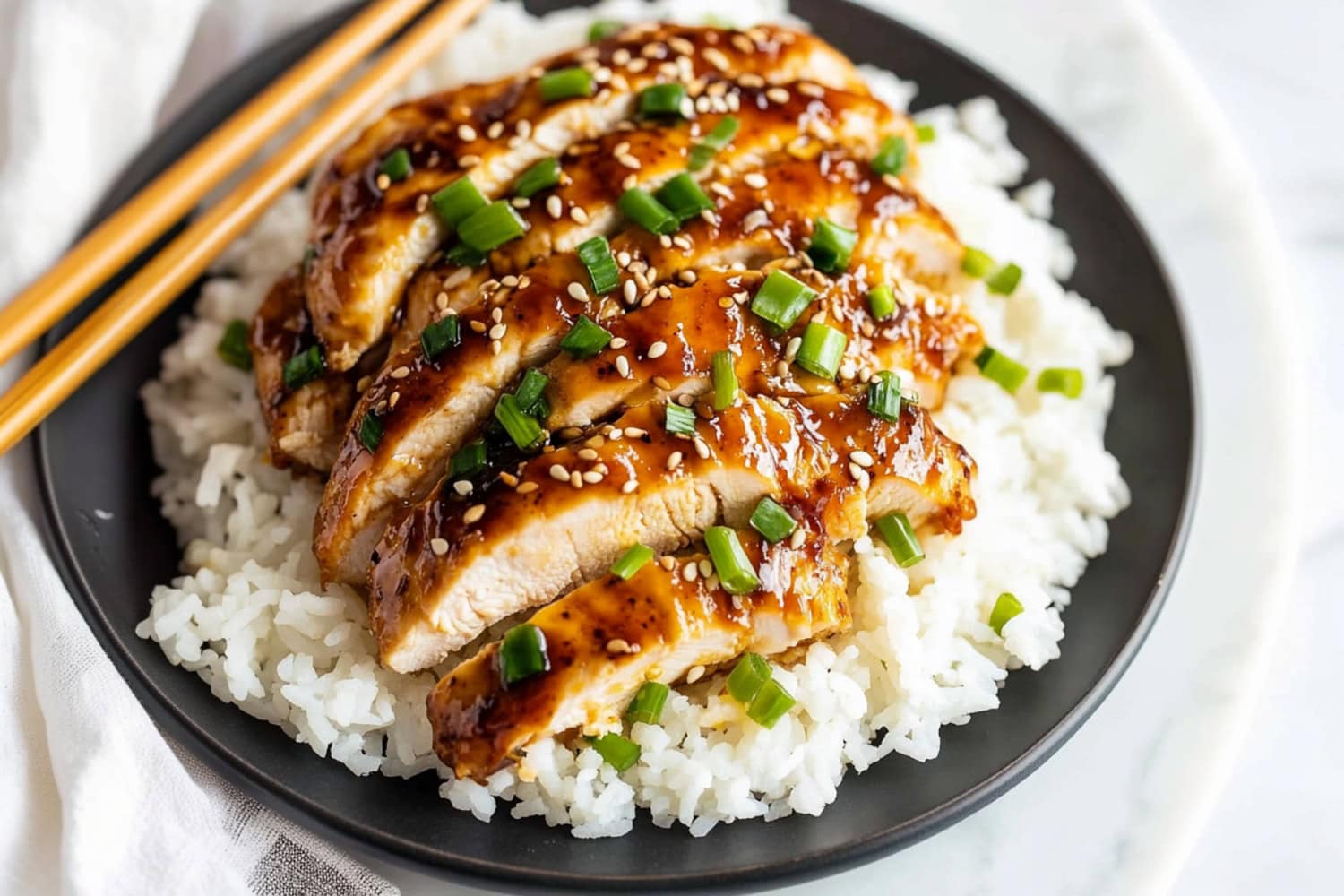 Golden-brown honey garlic with rice, garnished with chopped onions and sesame seeds.