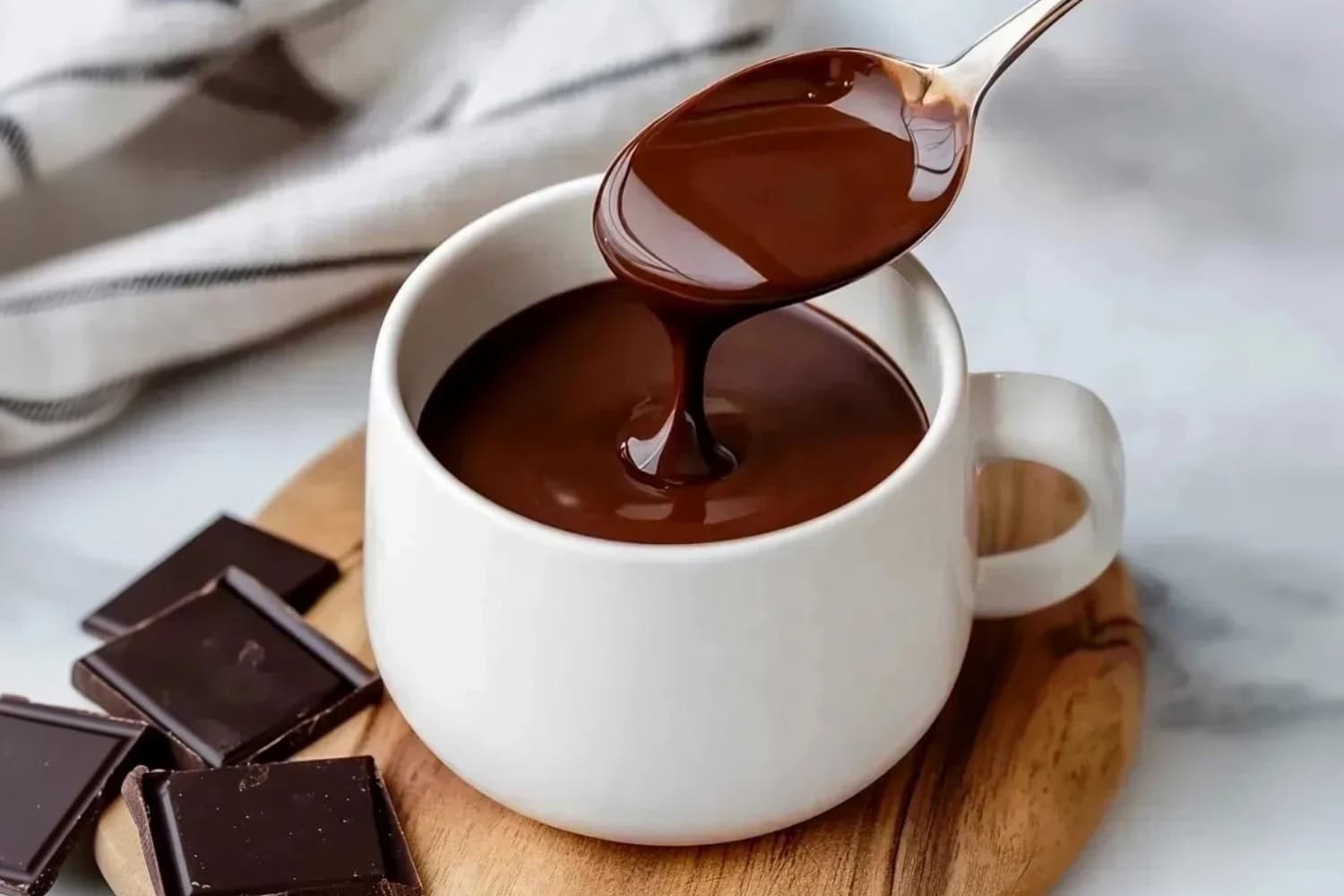 A spoonful dripping into a mug of Italian hot chocolate