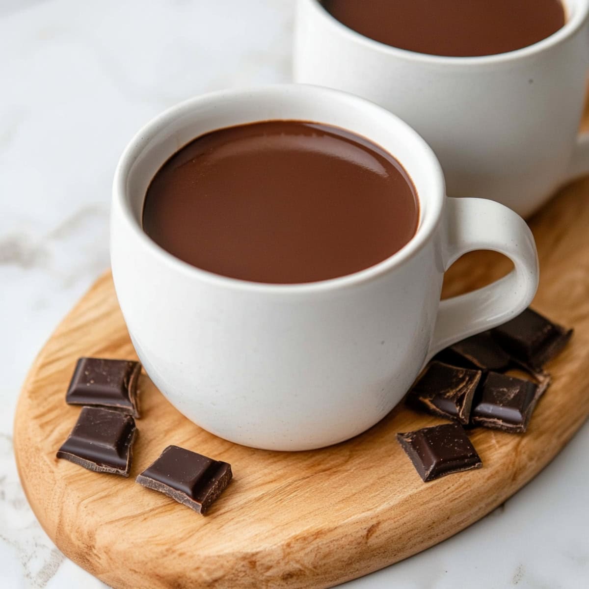 Two mugs of Italian hot chocolate on a wooden board.