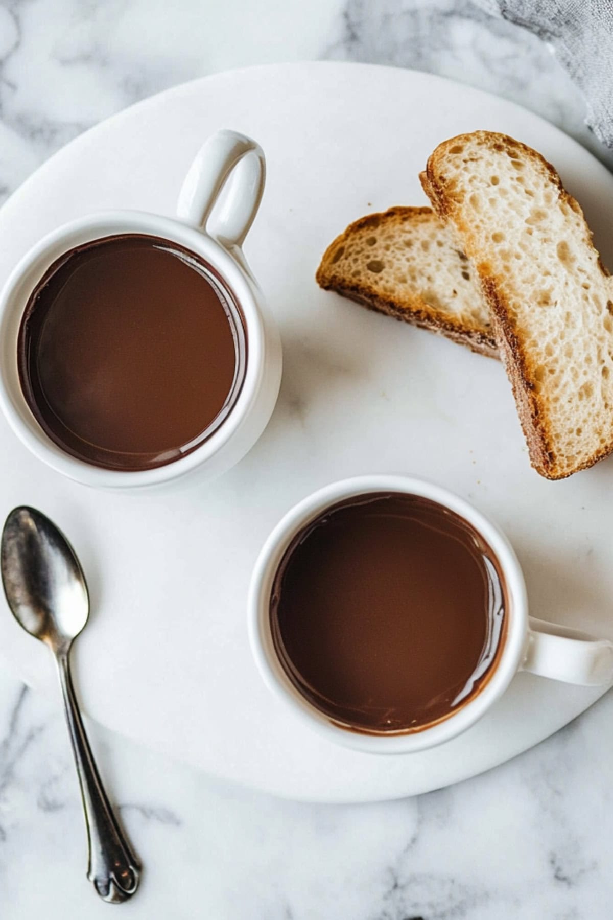 An overhead view of two cups of Italian hot chocolate and served with bread.