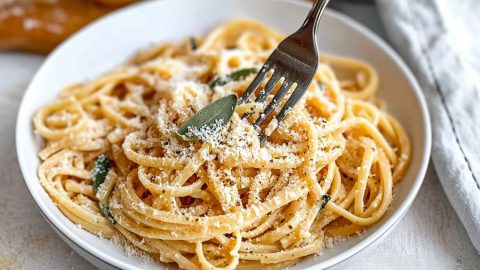 Fork picking up pasta from a serving of Jennifer Garner's 5 ingredient pasta garnished with grated cheese and sage leaves.