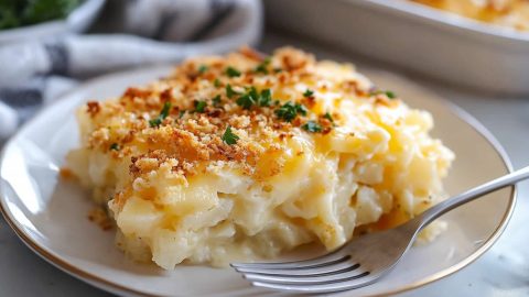 A plate of cheesy and savory million dollar potato casserole with cracker crumbs and parsley.