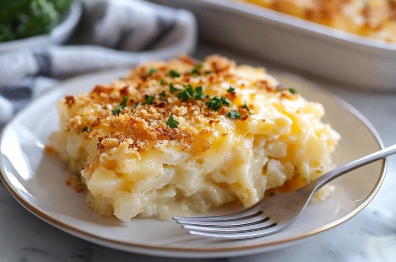 A plate of cheesy and savory million dollar potato casserole with cracker crumbs and parsley.