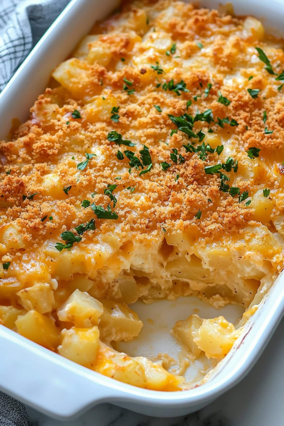 A baking dish filled with million dollar potato casserole with ritz cracker crumbs and fresh herbs.