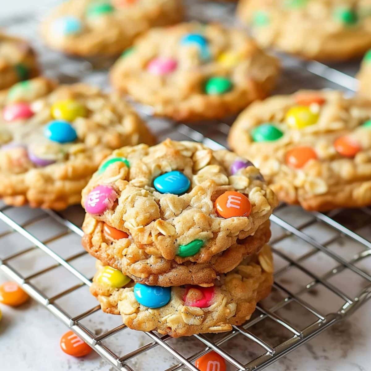 Oatmeal cookies with M&Ms sitting on a wire cooling rack.