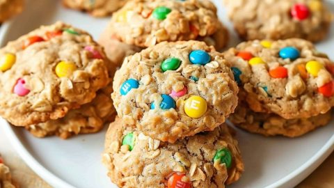 Bunch of oatmeal cookies mixed wit colorful M&M candies serve in a white plate.
