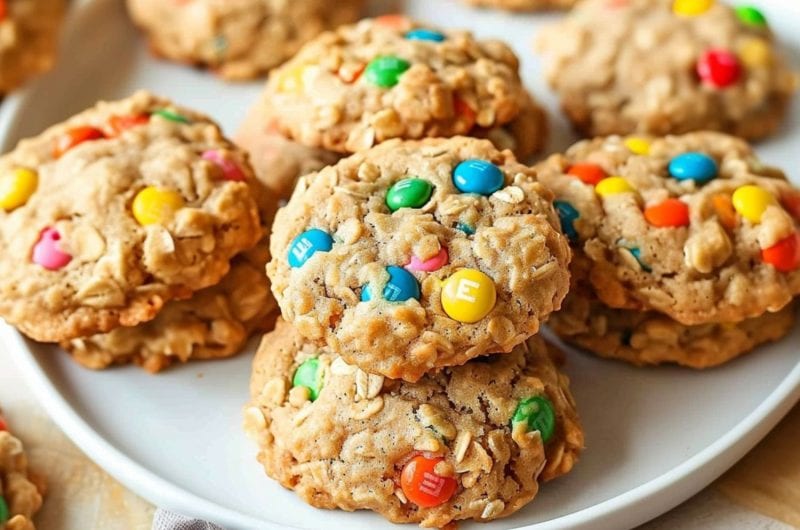 Bunch of oatmeal cookies mixed wit colorful M&M candies serve in a white plate.