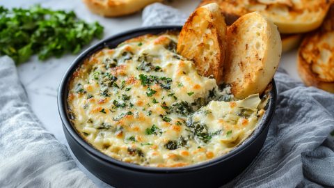 Olive Garden artichoke spinach dip with bread and garnished with fresh herbs.