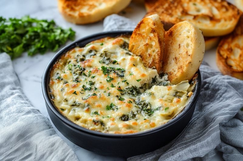 Olive Garden artichoke spinach dip with bread and garnished with fresh herbs.