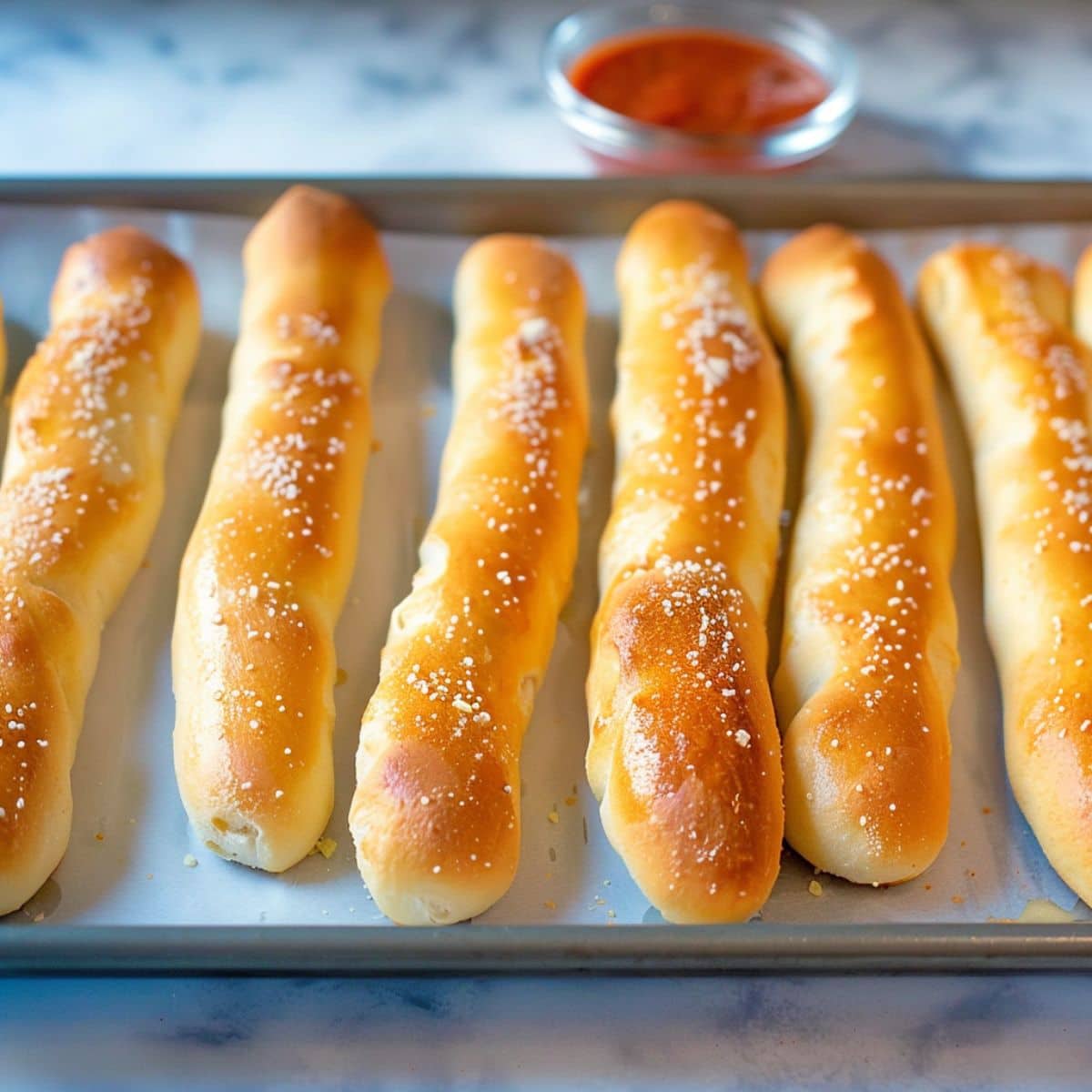 Breadsticks on a sheet pan.