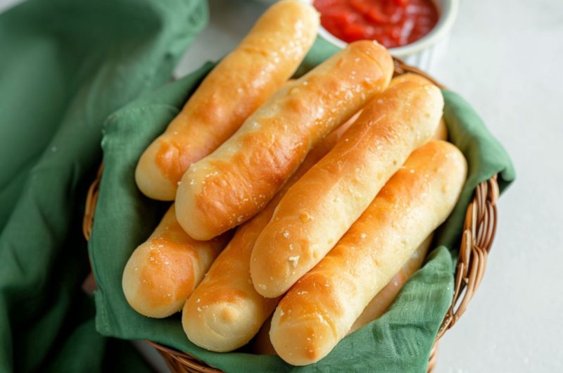 Golden, buttery breadsticks arranged in a basket lined with a green cloth.