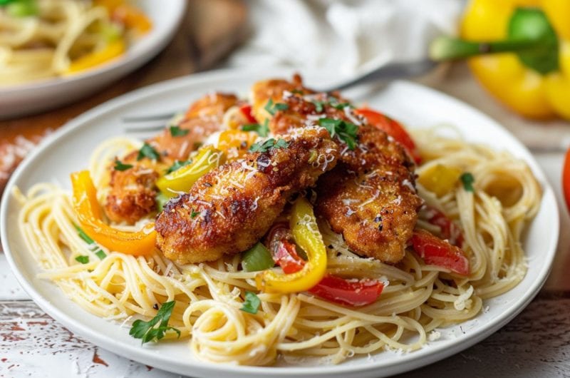 A serving of chicken scampi with chicken cutlets, and sliced bell peppers in a white plate.