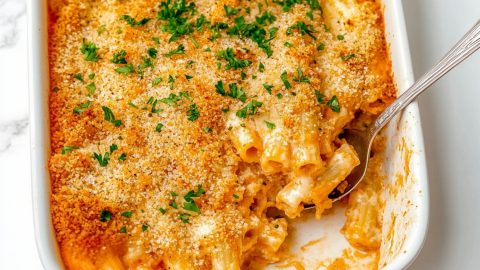 A baking dish filled with homemade Olive Garden Five-Cheese Ziti al Forno pasta with Japanese panko crumbs.