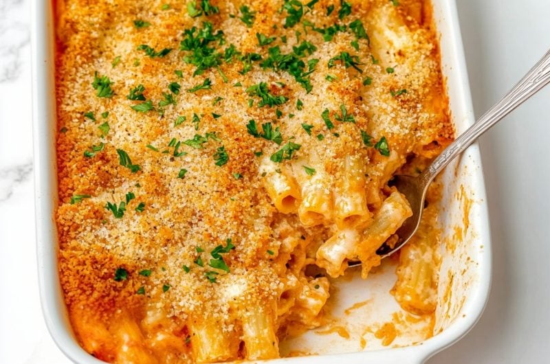 A baking dish filled with homemade Olive Garden Five-Cheese Ziti al Forno pasta with Japanese panko crumbs.