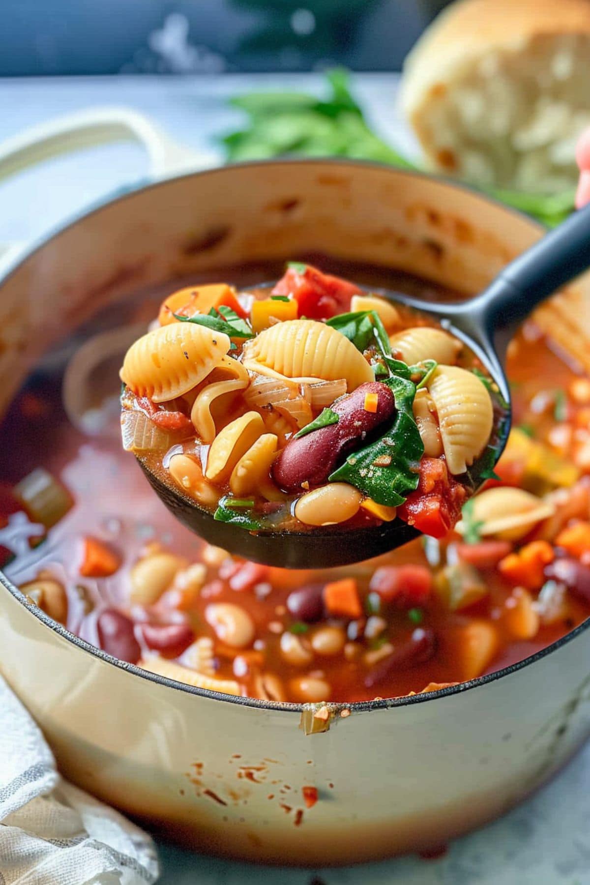 Soup ladle lifting a scoop serving of minestrone soup from pot.
