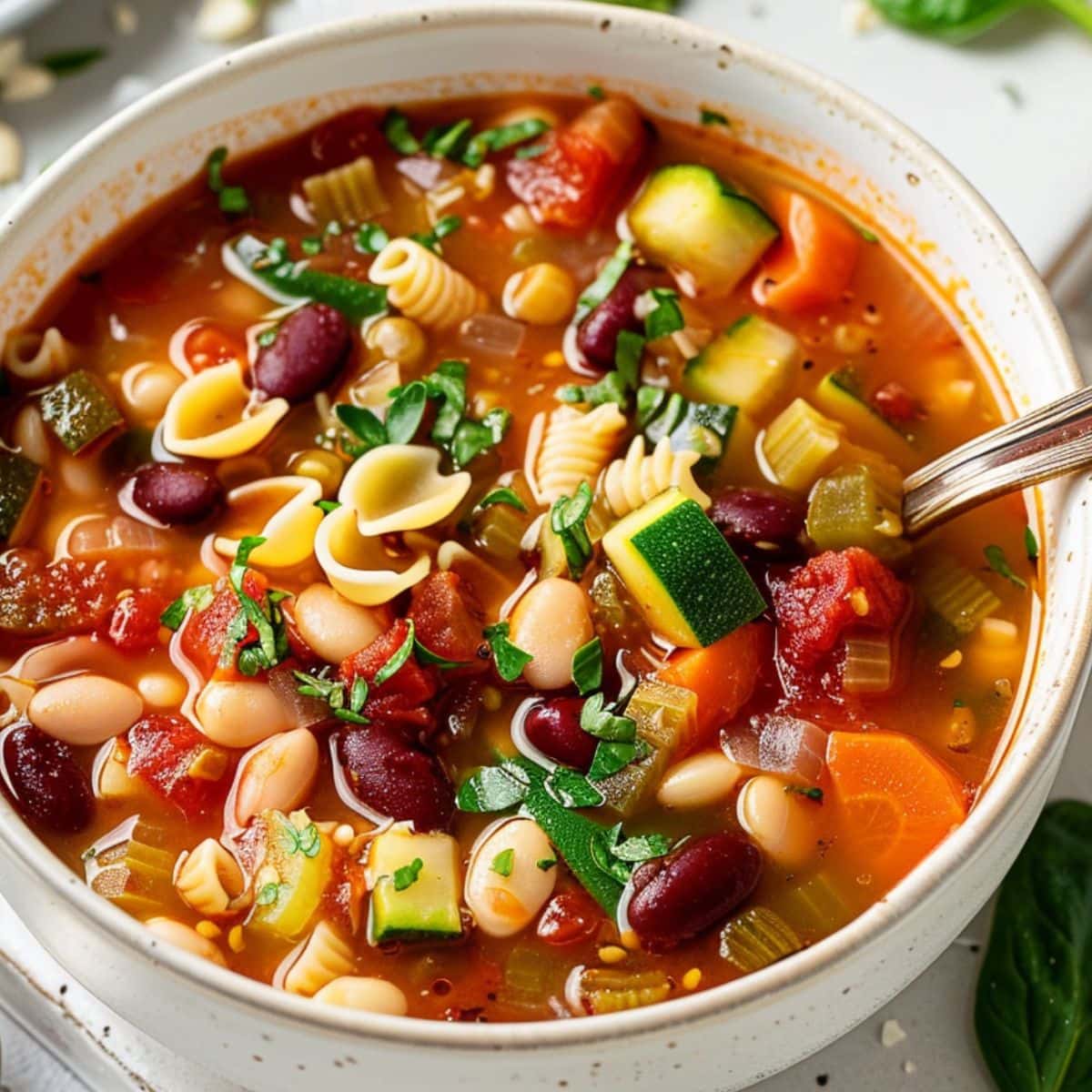 Spoon dipped to a bowl serving of minestrone soup with vegetables, pasta and tomato based soup.