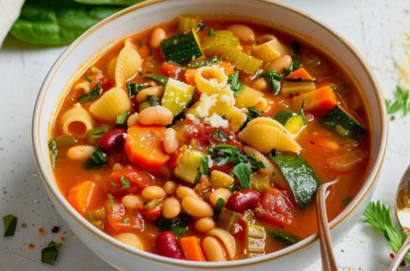 White bowl with a serving of minestrone soup with shell pasta, cucumber, carrots, ground beef, in rich tomato soup.