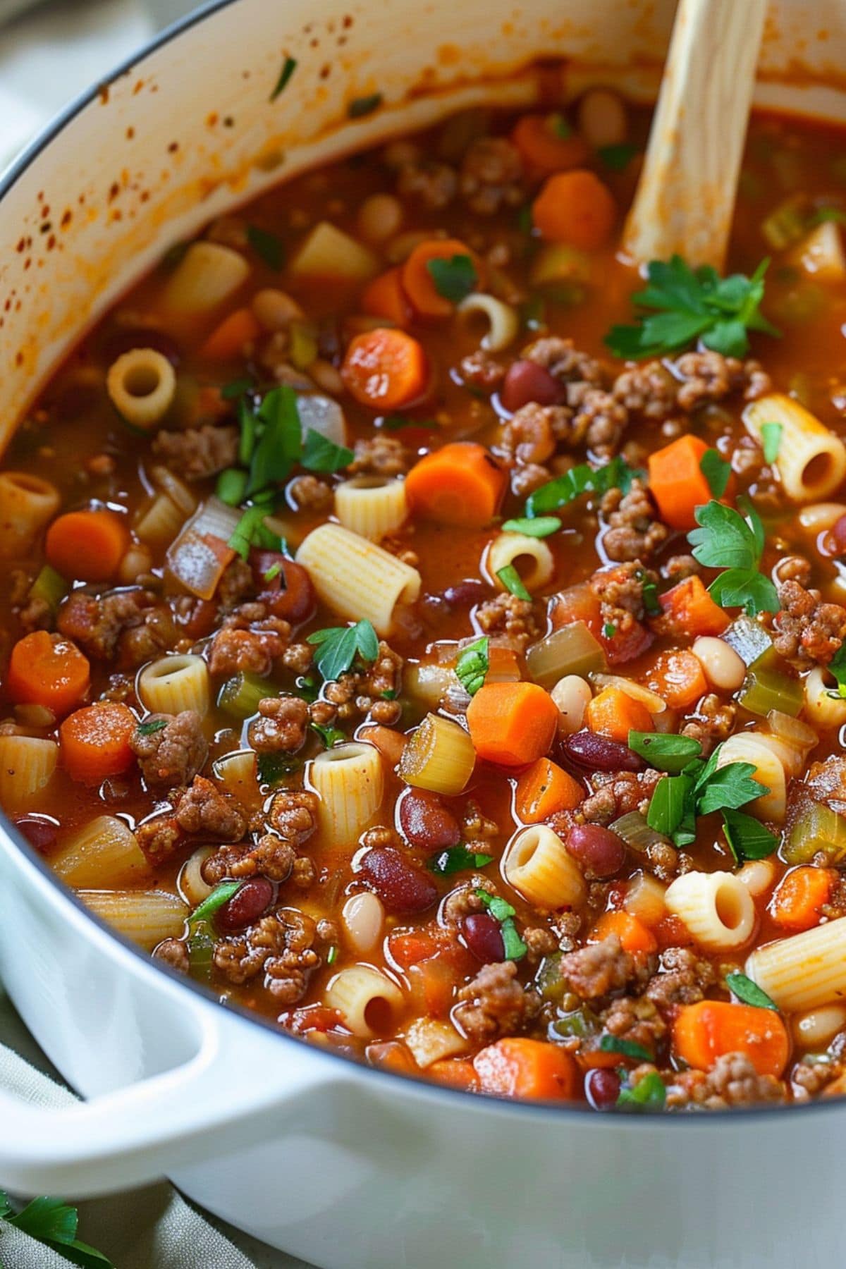 Pasta e Fagioli with ditalini pasta, beans, carrots and ground beef cooked in tomato based sauce on a white pot.