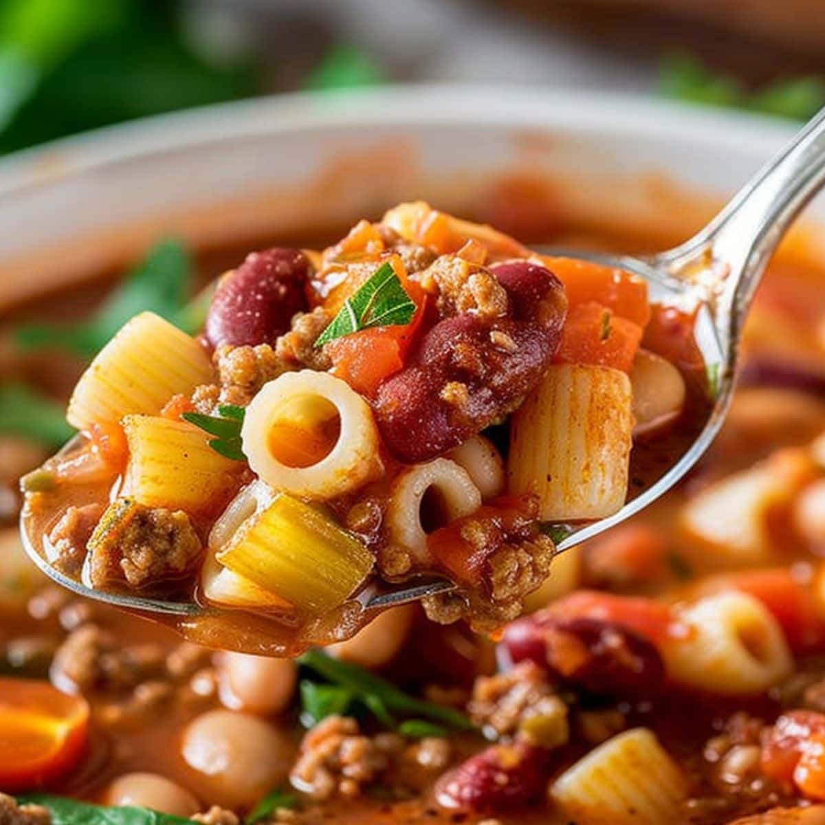 Spoonful of Pasta e Fagioli from serving in a bowl.
