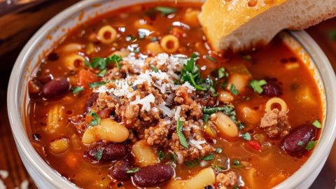 Pasta e Fagioli serving in a white bowl garnished with grated parmesan cheese and a piece of bread.