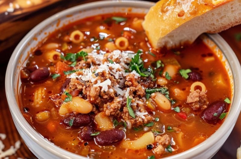 Pasta e Fagioli serving in a white bowl garnished with grated parmesan cheese and a piece of bread.
