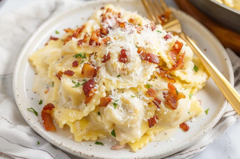 Creamy and cheesy ravioli carbonara with bacon bits served in a white plate.