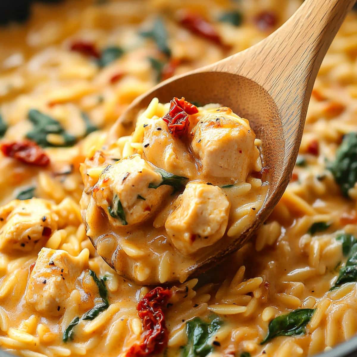 A wooden spoon lifting a serving of creamy bite-sized chicken, orzo, sun-dried tomatoes and spinach.