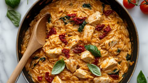 An overhead of one-pan marry me chicken orzo with sun-dried tomatoes and spinach in a skillet.